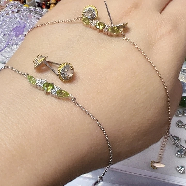 橄榄石手链银S925镶嵌两件套