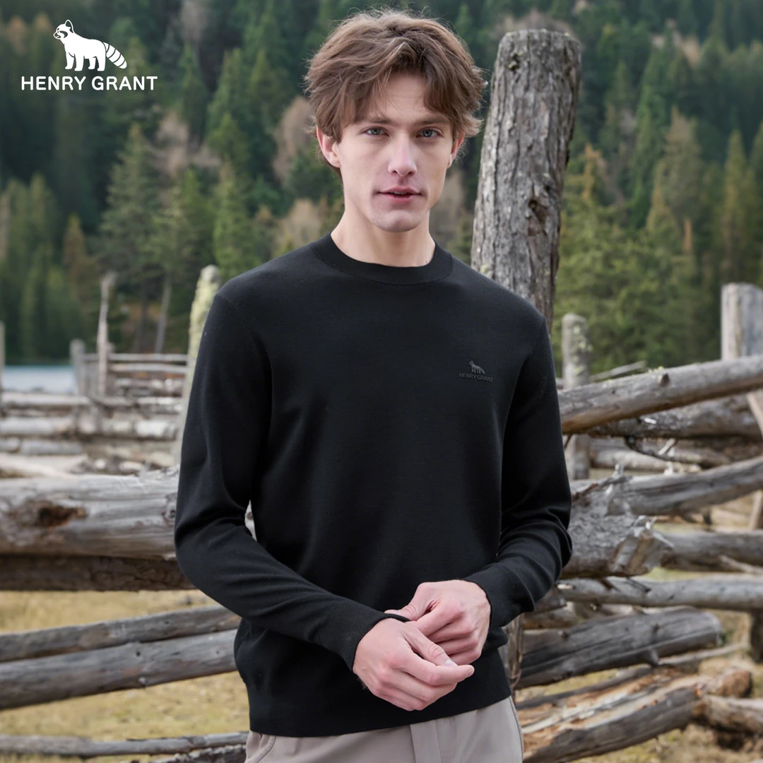 亨利格兰冬季针织衫男士纯色圆领毛衣秋季百搭加绒休闲半高领常规