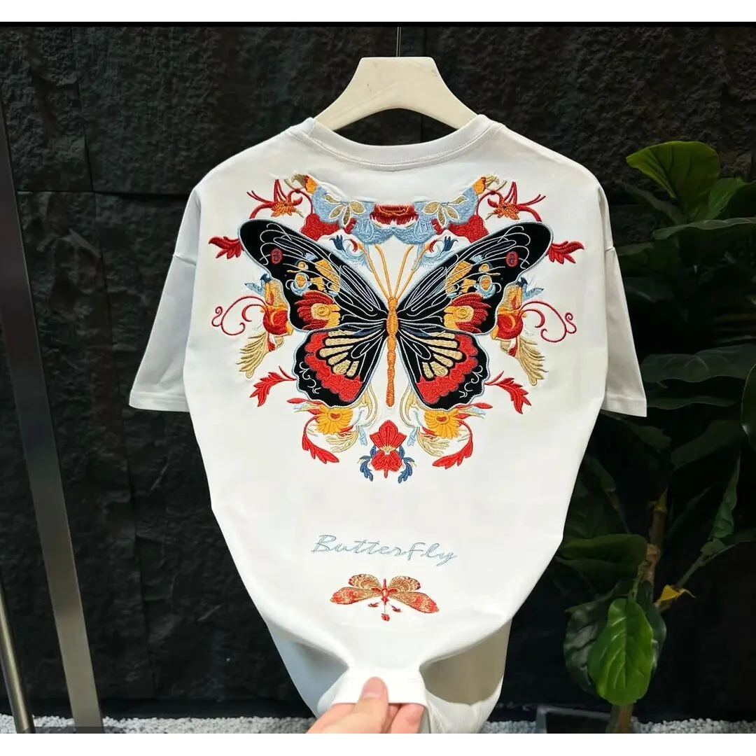 重磅纯棉印花国潮蝴蝶短袖T恤男美式新款潮流时尚高街上衣宽松