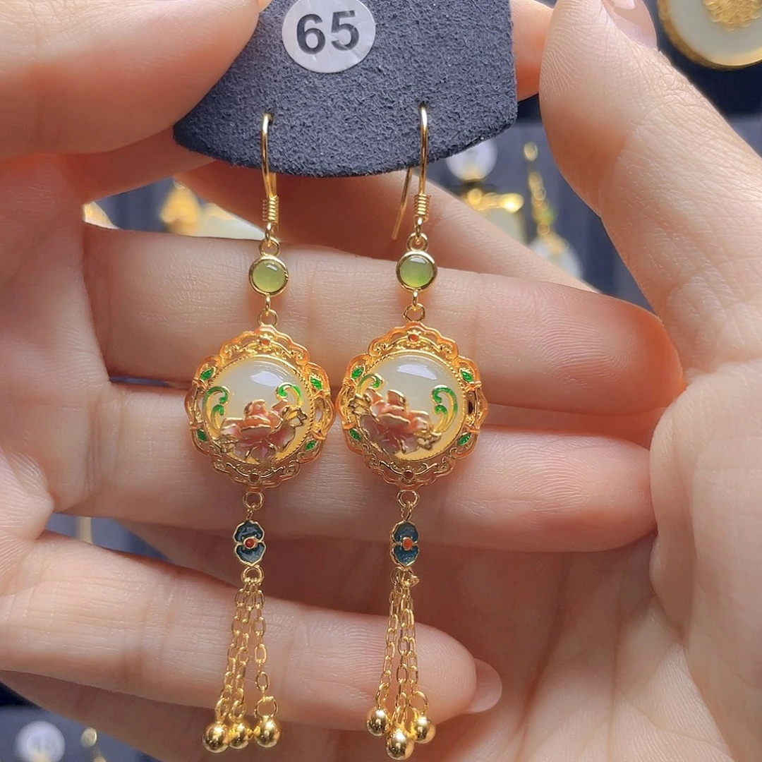 和田玉银S925镀金镶嵌耳饰