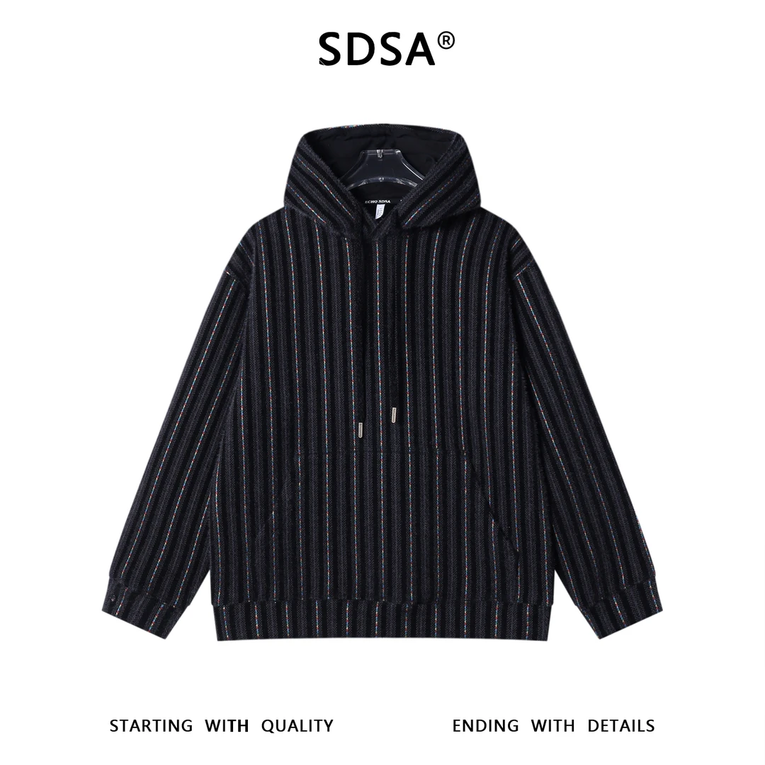 SDSA秋冬新款痞帅男装简约绒毛竖纹彩色抽绳连帽卫衣百搭套头上衣