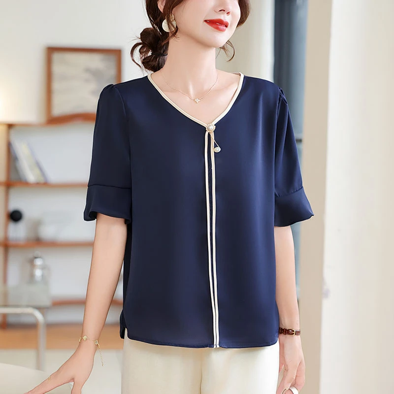 罗蒙中年妈妈夏装洋气减龄雪纺衫套装时尚中老年女装休闲短袖T恤