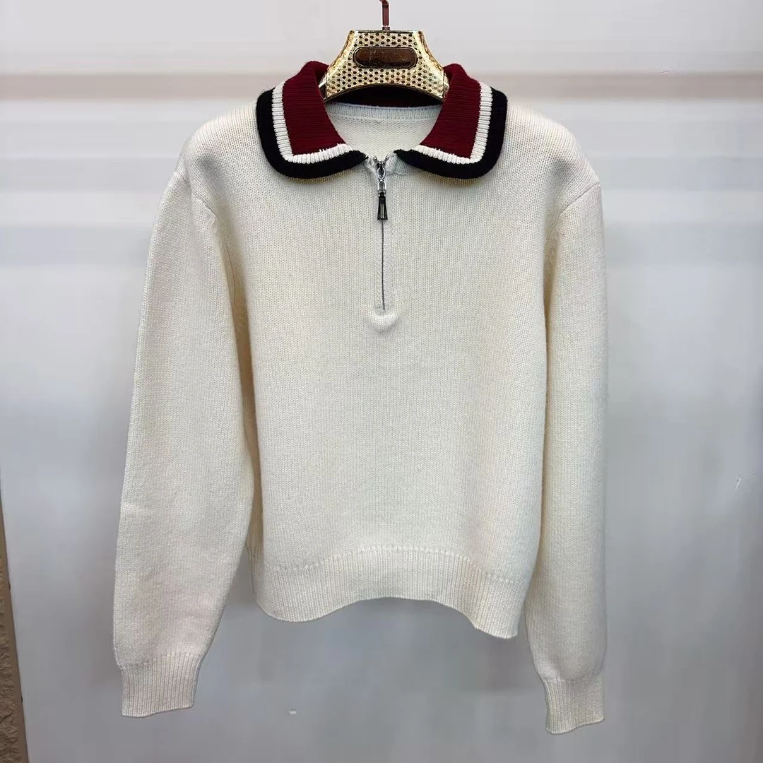 011#圆领翻领撞色100%绵羊毛羊毛衫女