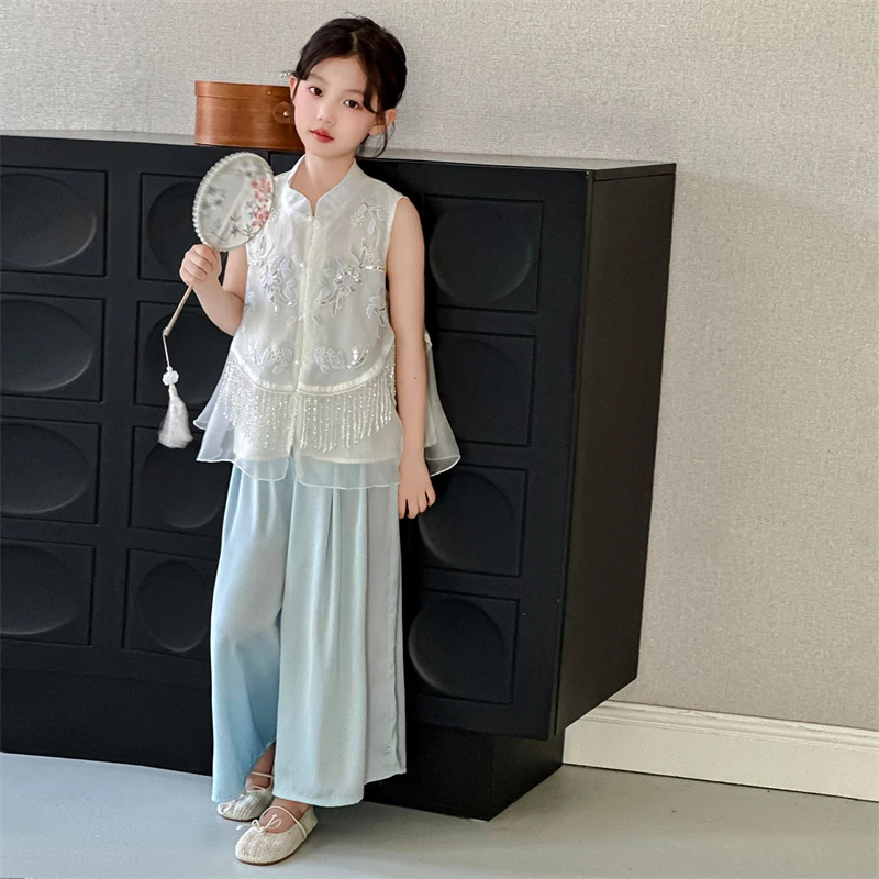 女童夏装2025新款中大童新中式国风套装时尚洋气无袖气质两件套潮