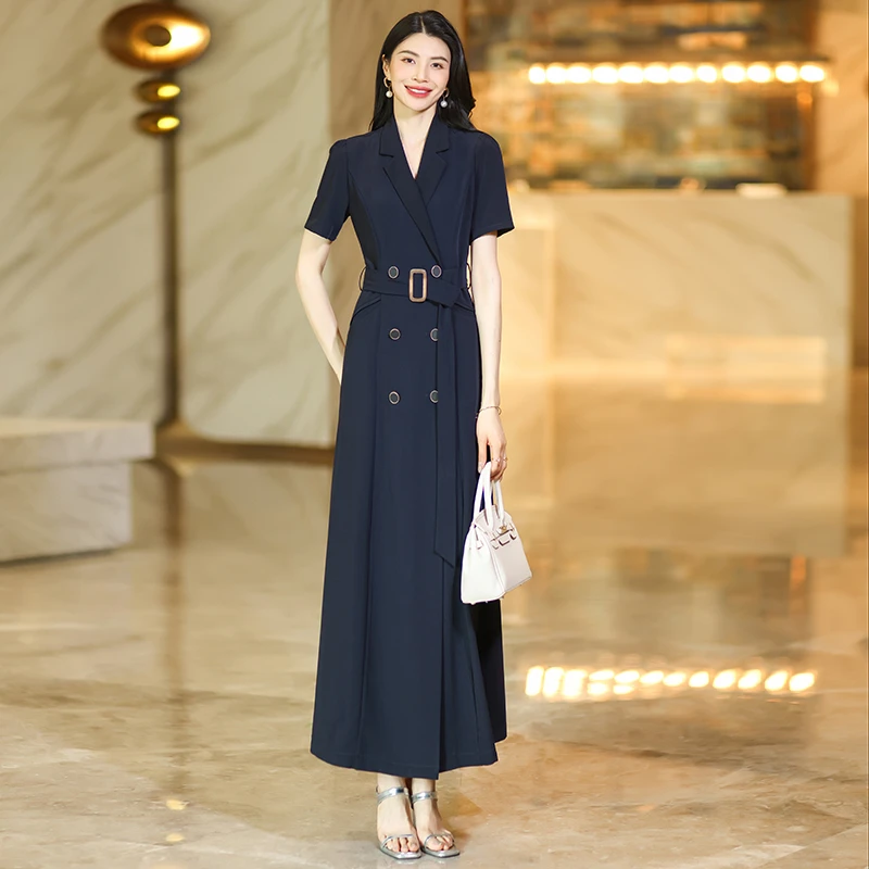 夏季女装连衣裙长裙子气质收腰系带过膝显瘦休闲优雅开衫时尚轻奢