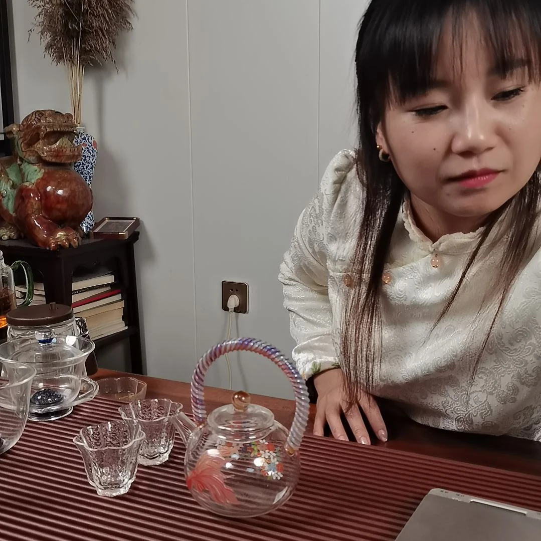 高硼硅玻璃手柄款花漫鱼影提梁壶配两支小杯