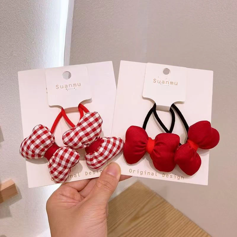 红色格子蝴蝶结儿童头绳韩版布艺充棉发绳领结皮筋公主发绳头饰品