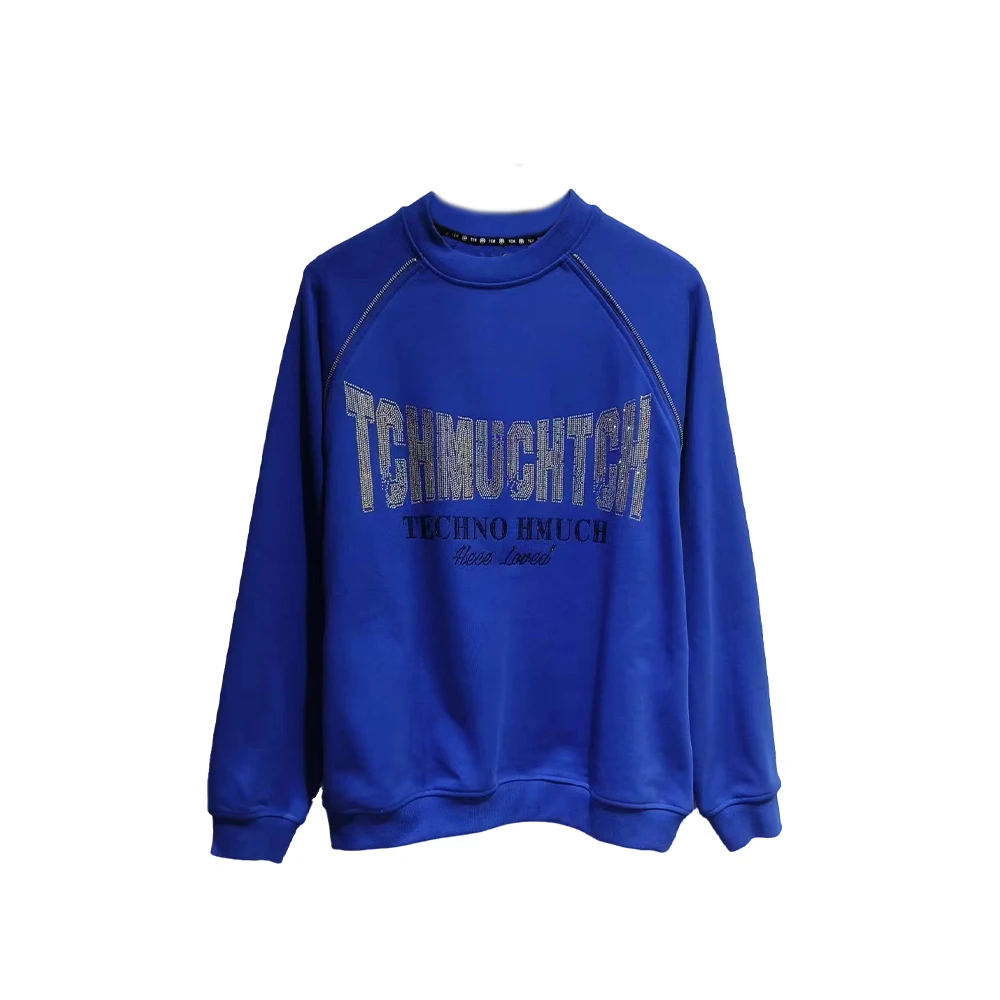 奥莱-TCH时尚极简系列字母LOGO烫钻拉锁蓝色圆领卫衣T72A11E6006