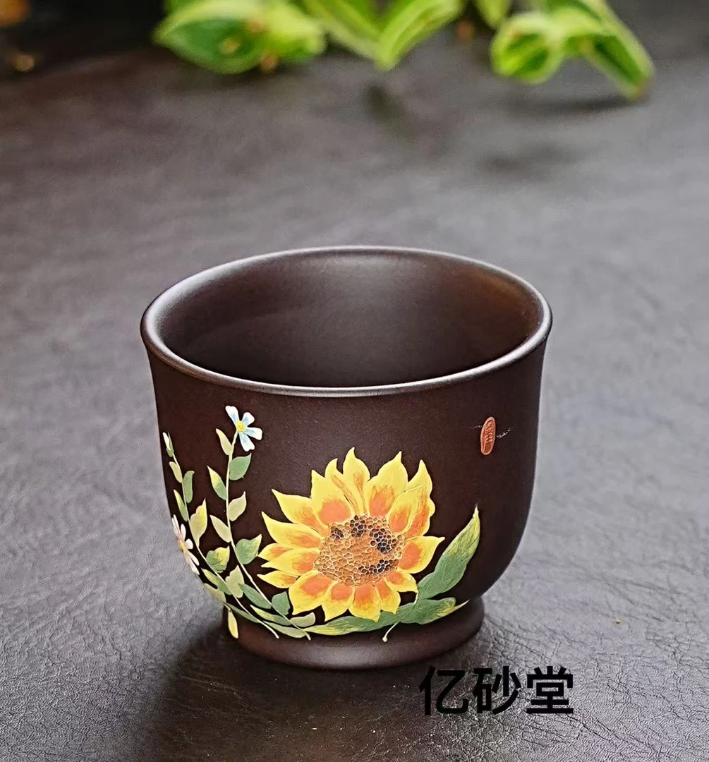 【4006向日葵】宜兴原矿紫砂全手工泥绘向日葵主人杯