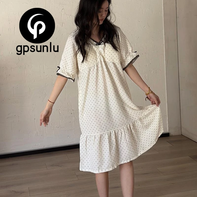GPSUNLU气质睡裙女夏季薄款云朵棉可外穿中长款日系波点家居服