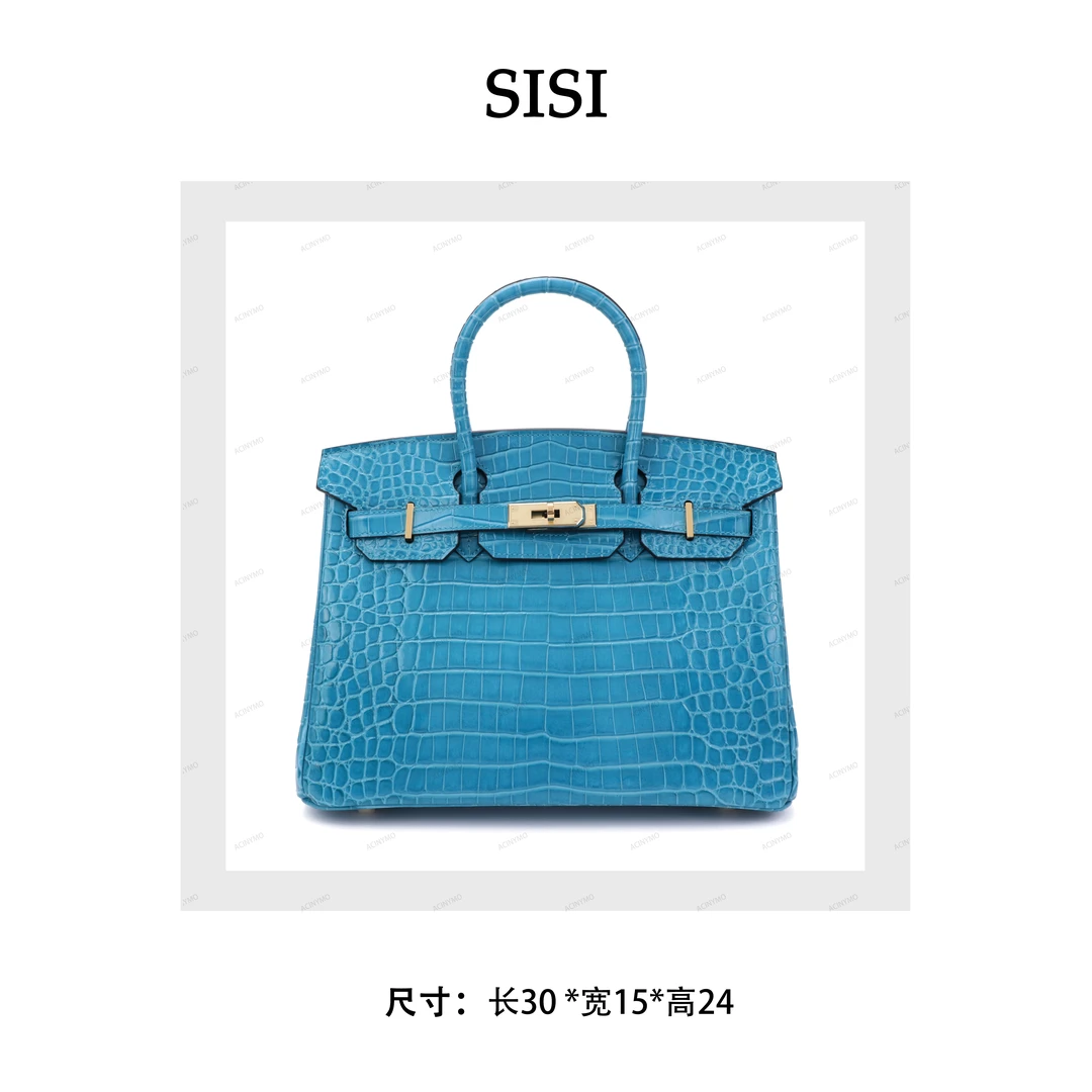 【尺寸：30*15*24】SISI原创设计真皮女包30铂金内缝鳄鱼金扣湖心蓝
