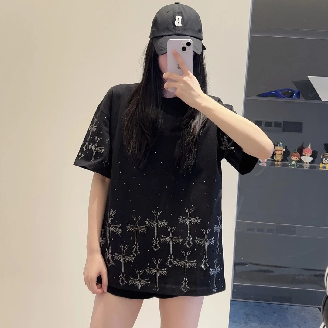 重工烫钻十字架时尚轻奢圆领夏季长袖T恤潮流设计师情侣高奢半袖