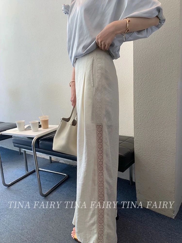 tina fairy/蕾丝拼接阔腿裤，版型好，两色