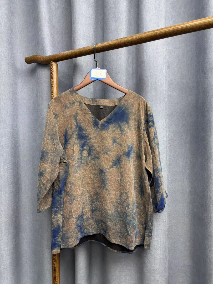 (瑕疵)夏季新款时尚复古桑蚕丝香云纱龟裂纹V领上衣女w435