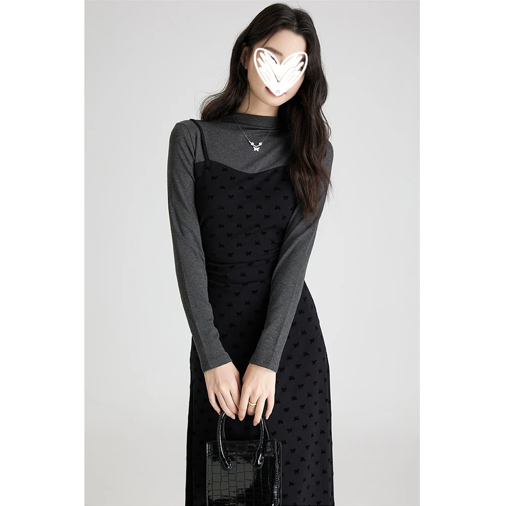 秋季假俩件半高领长袖针织连衣裙显瘦气质千金清冷感贵系衣服长裙