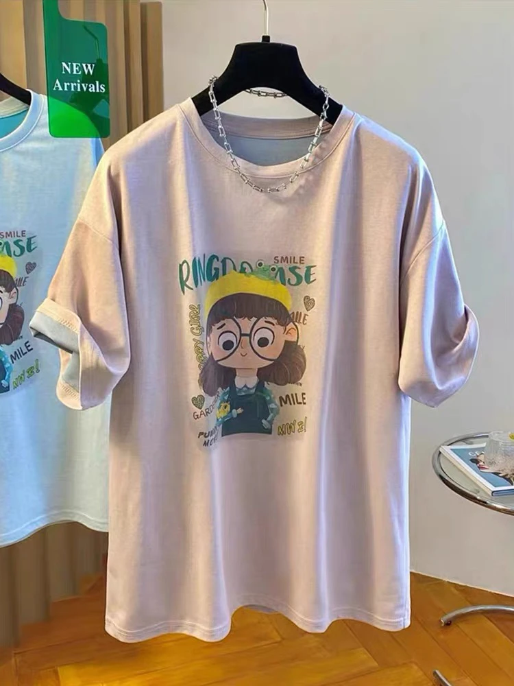 【亏本清仓】胖妹妹大版中长流行卡通撞色短袖女夏季宽松半袖T恤衫