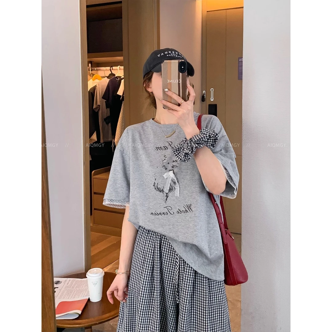 时尚套装女2025夏季新款印花T恤格子裤子配发圈三件套