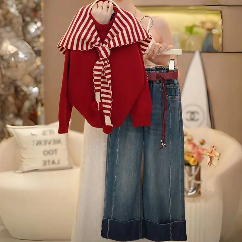 女童条纹海军领针织衫牛仔裤套装2025新款春秋款毛衣卷边阔腿裤潮