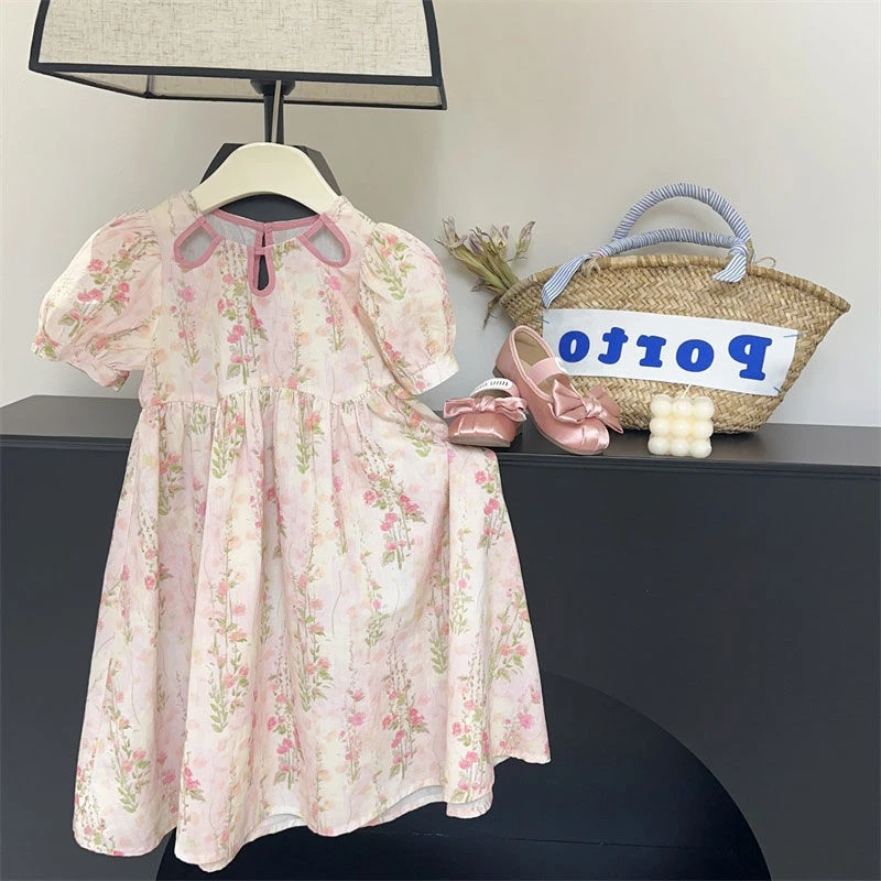 戴维贝拉【断码】裙子中大童夏季新款条纹镂空泡泡袖休闲公主裙潮