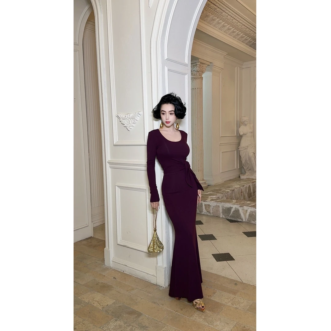 LYXJ【弥漫紫调】高弹力收腰方领法式优雅显瘦修身套装11636