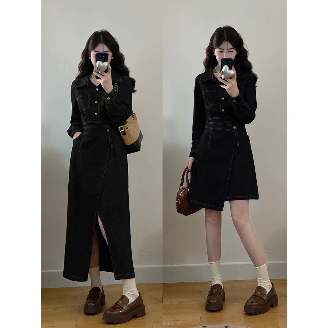 大码微胖女装秋季气质简约复古显瘦遮肉高级感黑色长袖牛仔裙