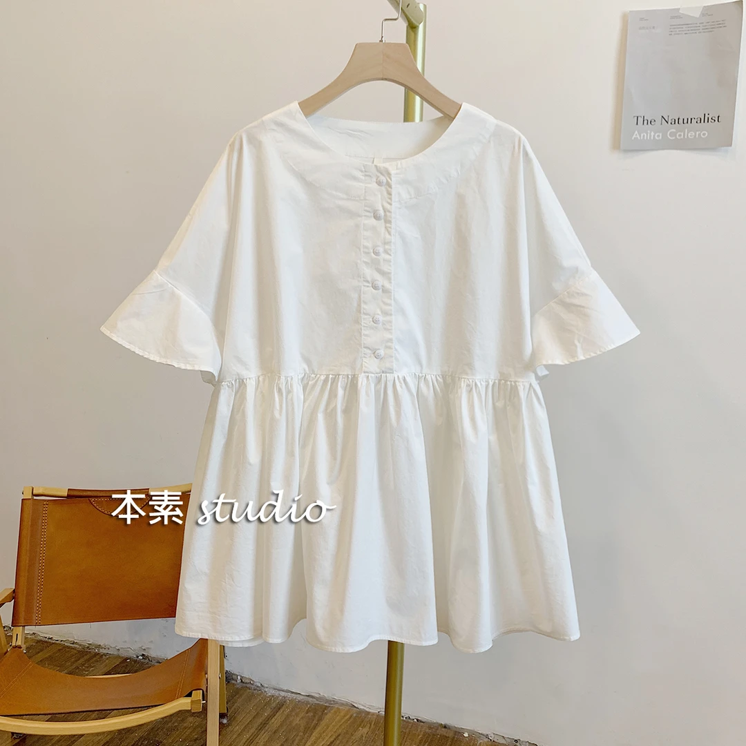 C3678纯色半开扣圆领短袖衬衫