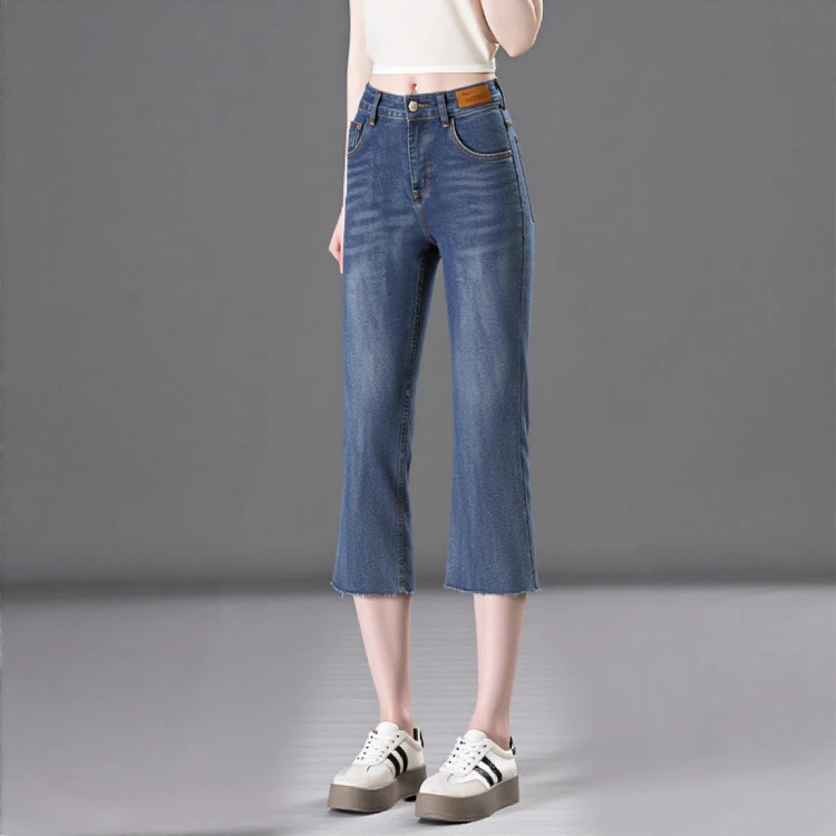 薄款高腰微喇七分牛仔裤女2025夏季新款小个子修身弹力阔腿八分裤