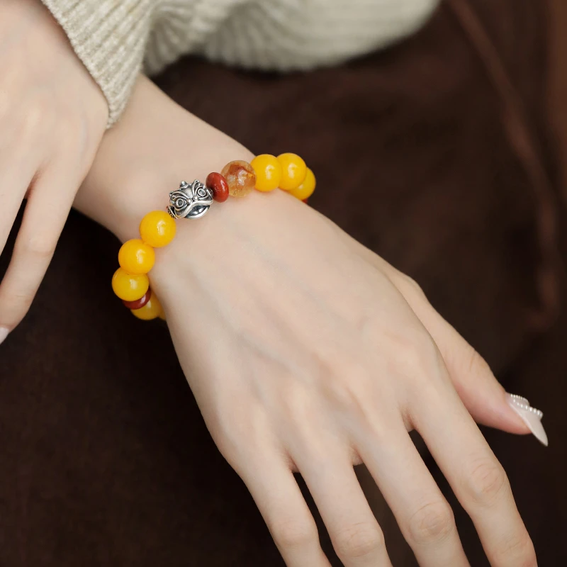 S12176<晶贵坊1>S925银黄红玛瑙黄水晶足银999醒狮弹手串百搭多样