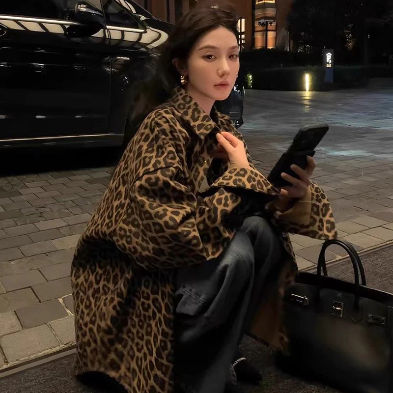 潮流雅痞髙街豹纹衬衫外套女春季美式复古百搭宽松显瘦休闲上衣