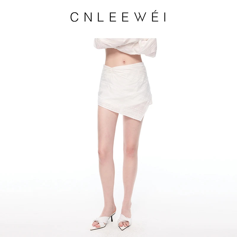 CNLEEWEI25年夏季新款短裙提花立体绣抽褶不规则裙摆白色短半裙