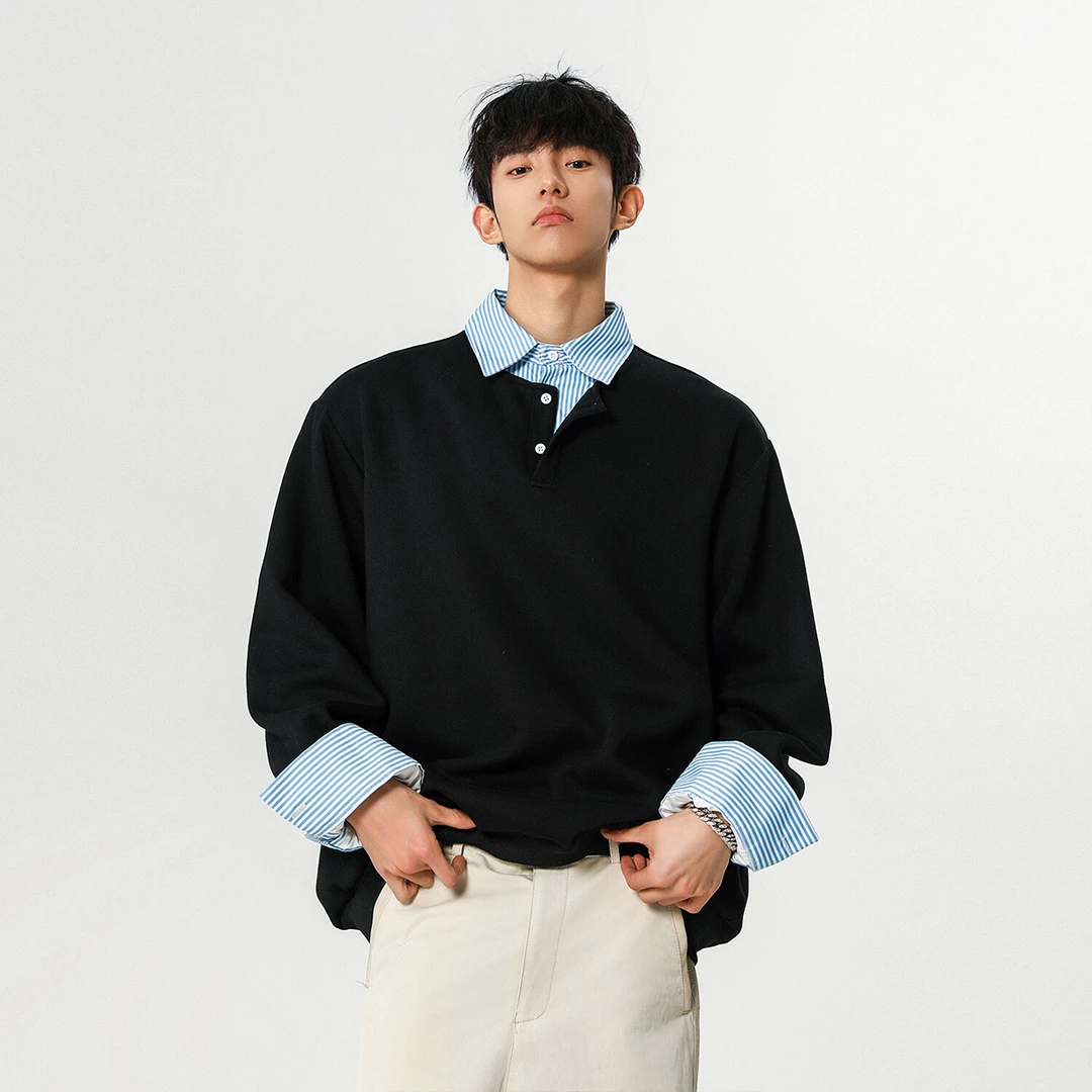 条纹衬衫领假两件卫衣男款秋季cleanfit高级感长袖t恤叠穿打底衫