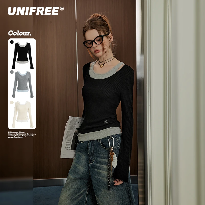 unifree【25年春】假两件长袖T恤女韩版学院风收腰休闲显瘦打底衫