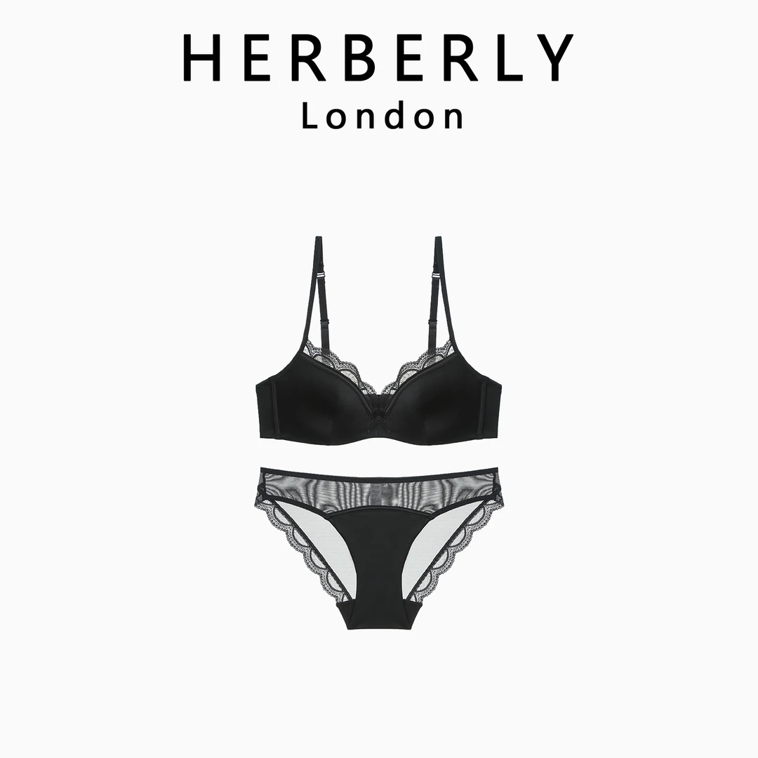 英国 HERBERLY 性感薄款光面蕾丝内衣大胸显小收副乳文胸套装女