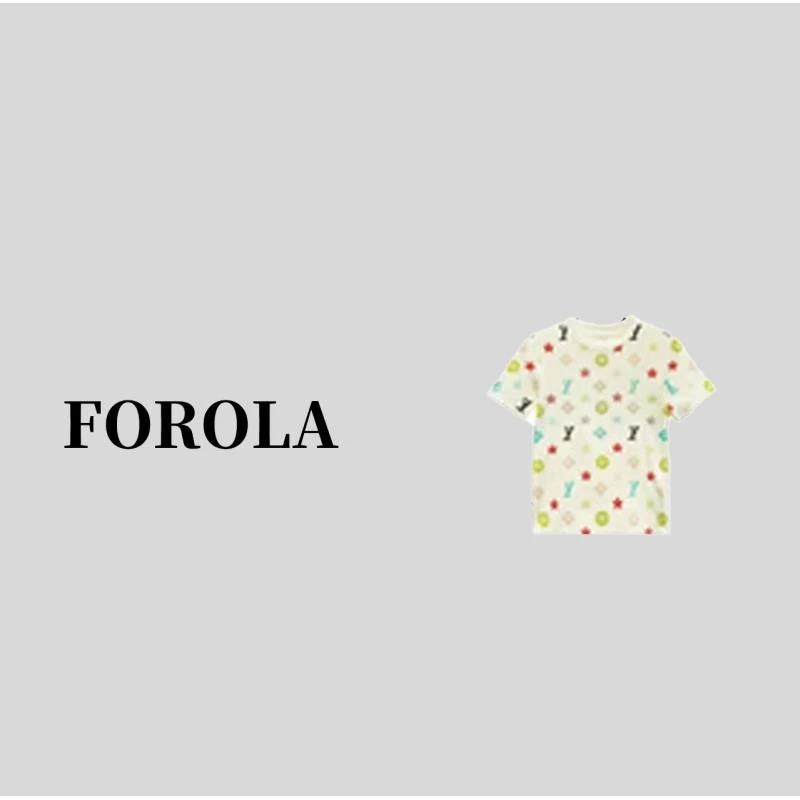 FOROLA 『老钱风』春季原创米白色老花百搭圆领短袖T恤 DD25018