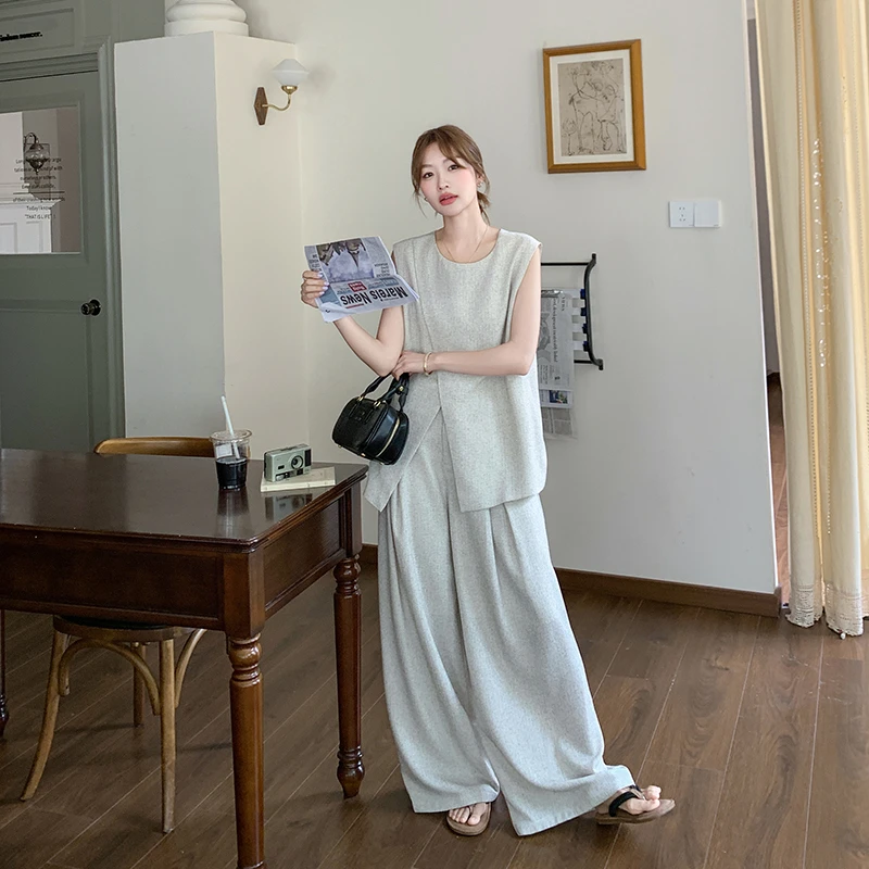 UQS韩系松弛感休闲女装套装2025新款夏季无袖开叉上衣搭配阔腿裤