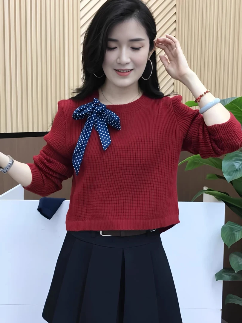欧货2025早秋新款时尚气质蝴蝶结针织衫女宽松显瘦洋气百搭上衣女