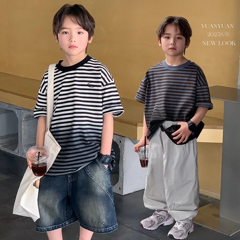 纯棉【渐变条纹】童装男童条纹t恤儿童短袖2025新款夏季半袖潮