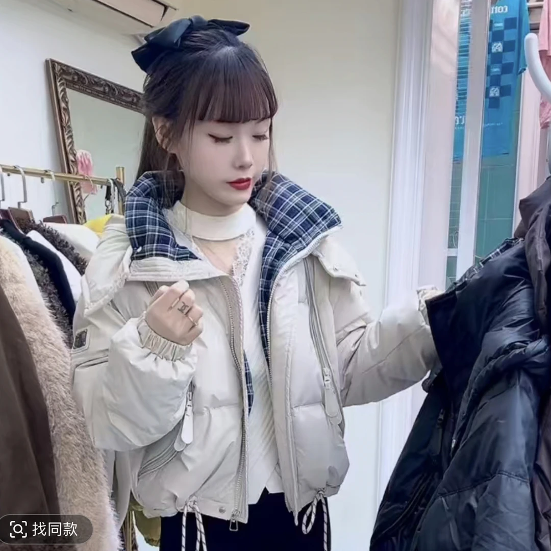 时尚2025拼接冬季连帽新款棉衣百搭格子棉服短款加厚保暖外套皮衣