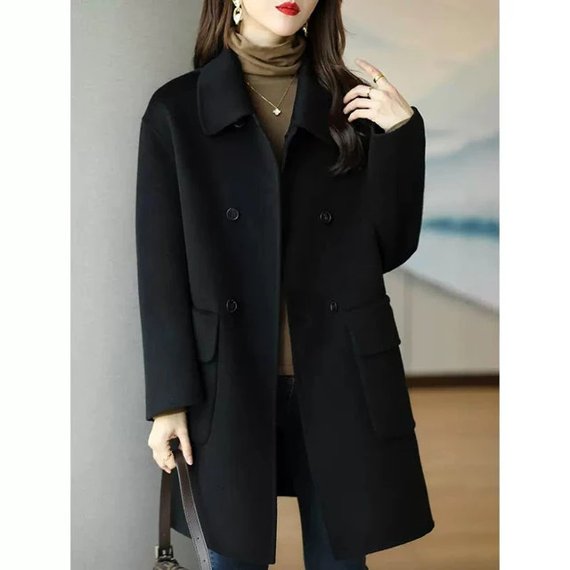 小个子黑色双面羊毛呢子外套2025秋冬季中长款大码零羊绒大衣女装