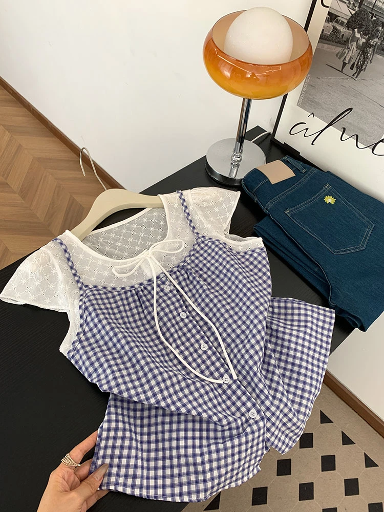 财阀千金女装韩系chic甜美蕾丝花边拼接假两件格子短袖衬衫女夏季
