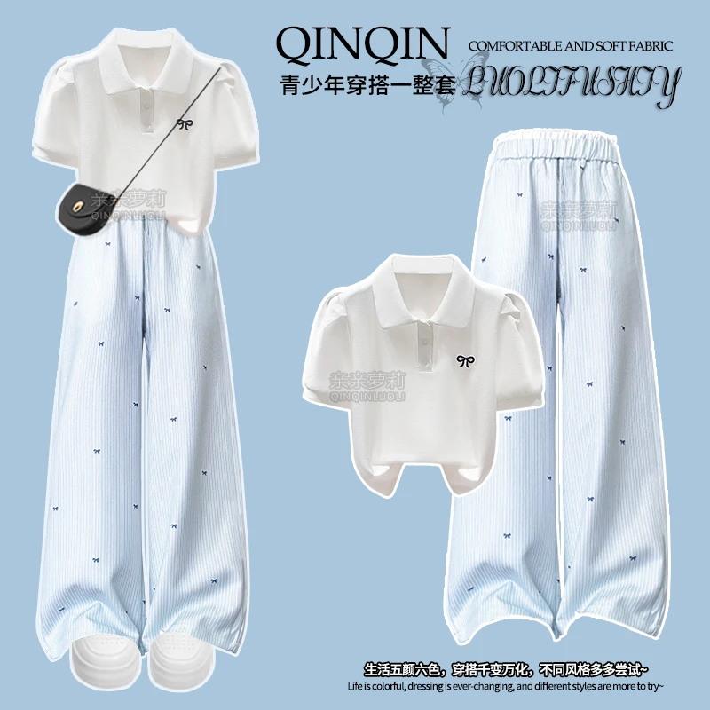 女童夏季阔腿裤套装2025新款Polo短袖T恤青少年休闲裤夏装两件套