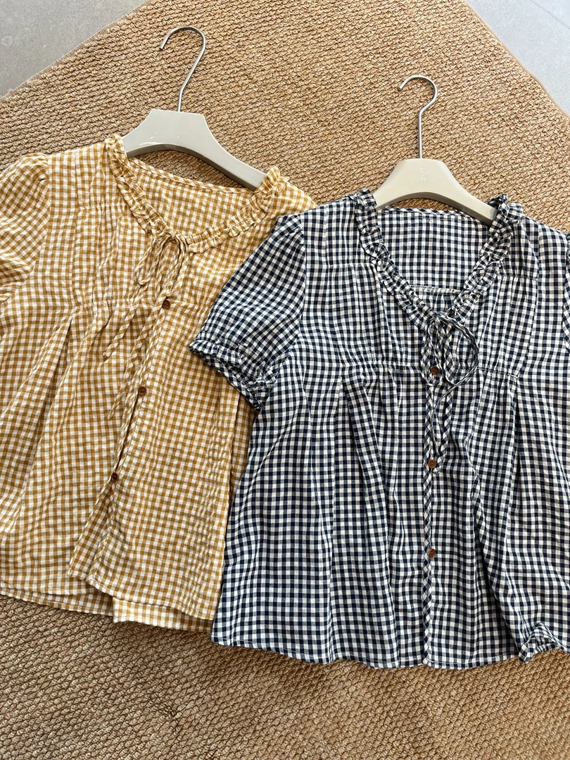 韩版夏季时尚简约休闲气质格纹V领系带百搭衬衫小衫上衣【时尚格】