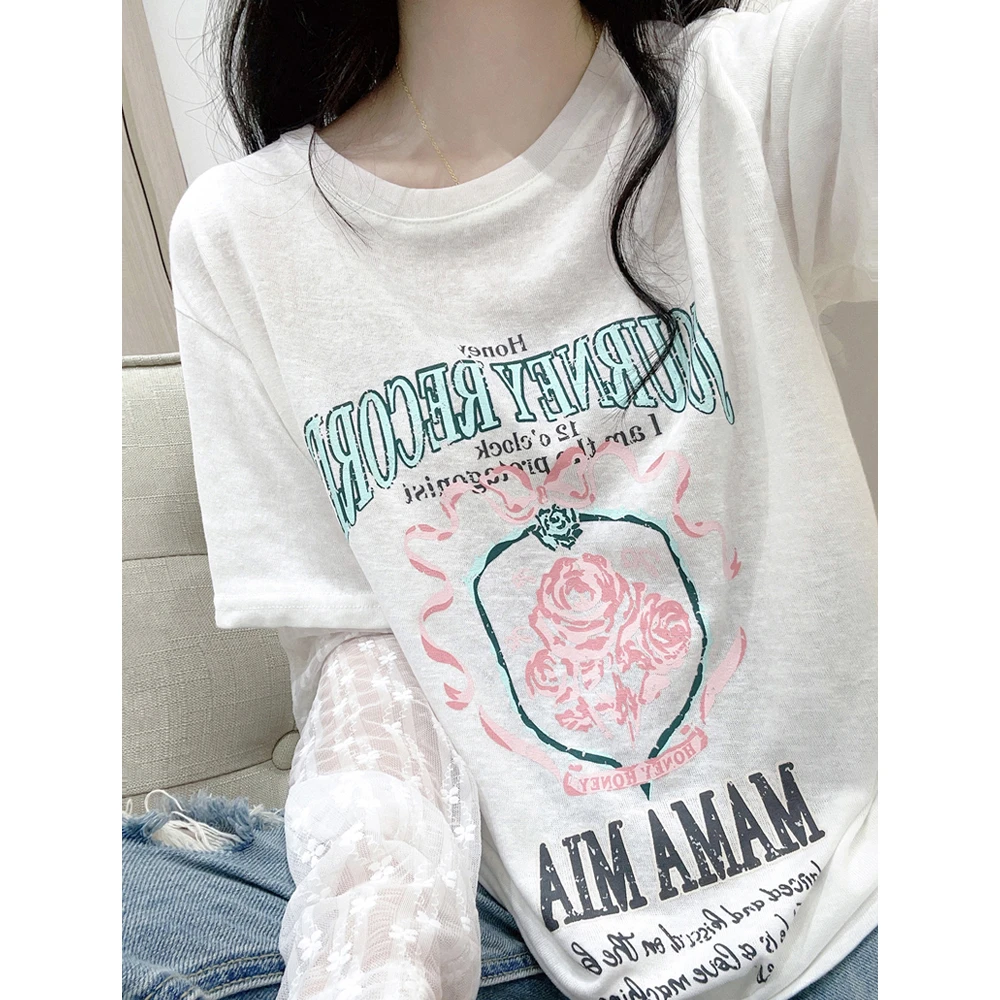 雪花棉蕾丝拼接假两件长袖t恤女夏季新款印花圆领宽松防晒上衣潮