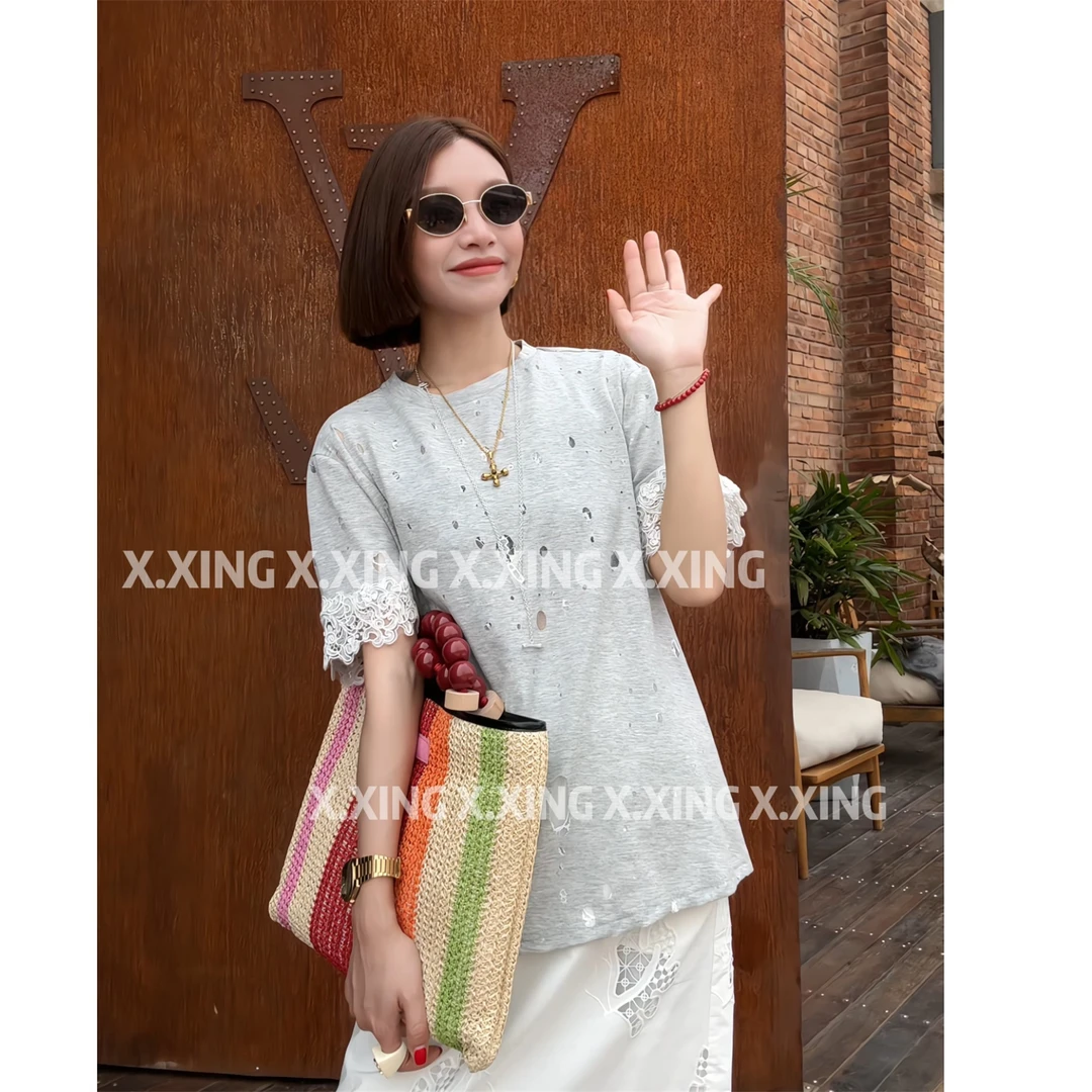 X.x.高级感欧货蕾丝拼接破洞短袖T恤女新款显瘦打底C31-1109