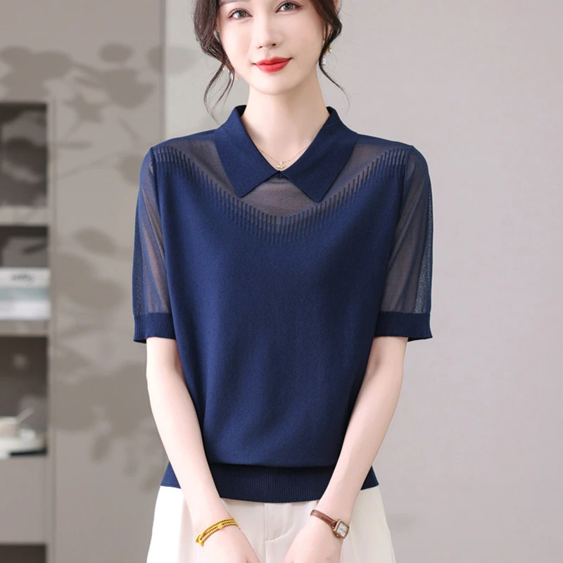 妈妈夏装高级感冰丝短袖t恤女宽松显瘦遮肚洋气Polo领冰丝针织衫