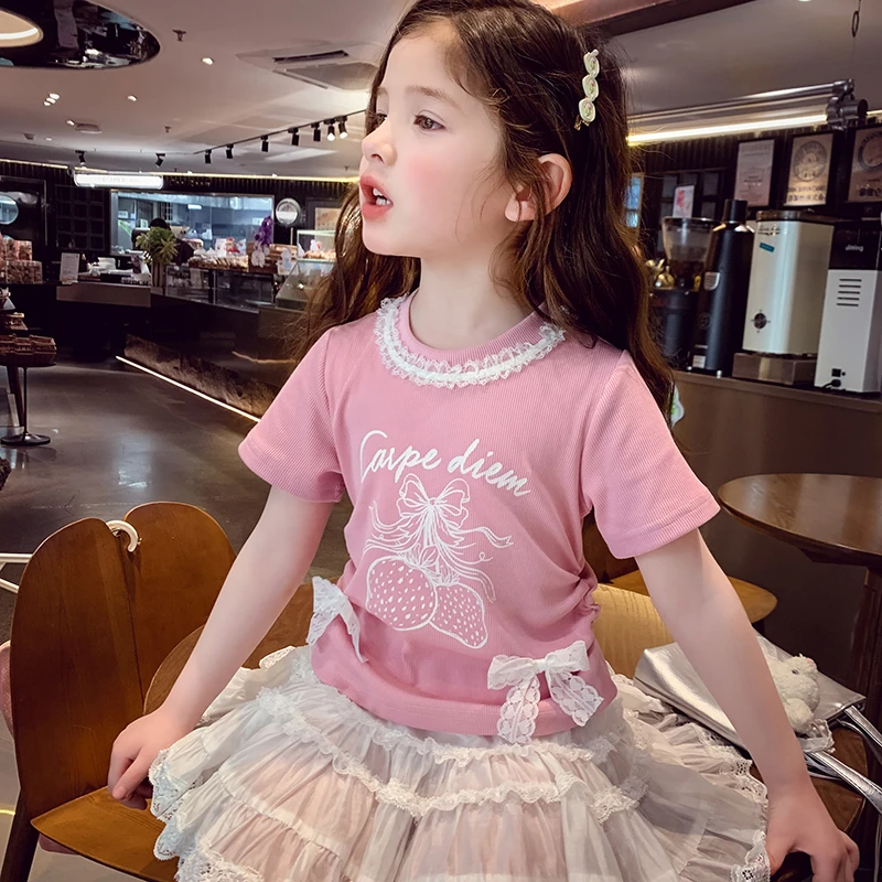 【现货】米米哈罗女童甜美芭蕾风时髦印花圆领短袖T恤上衣X25254