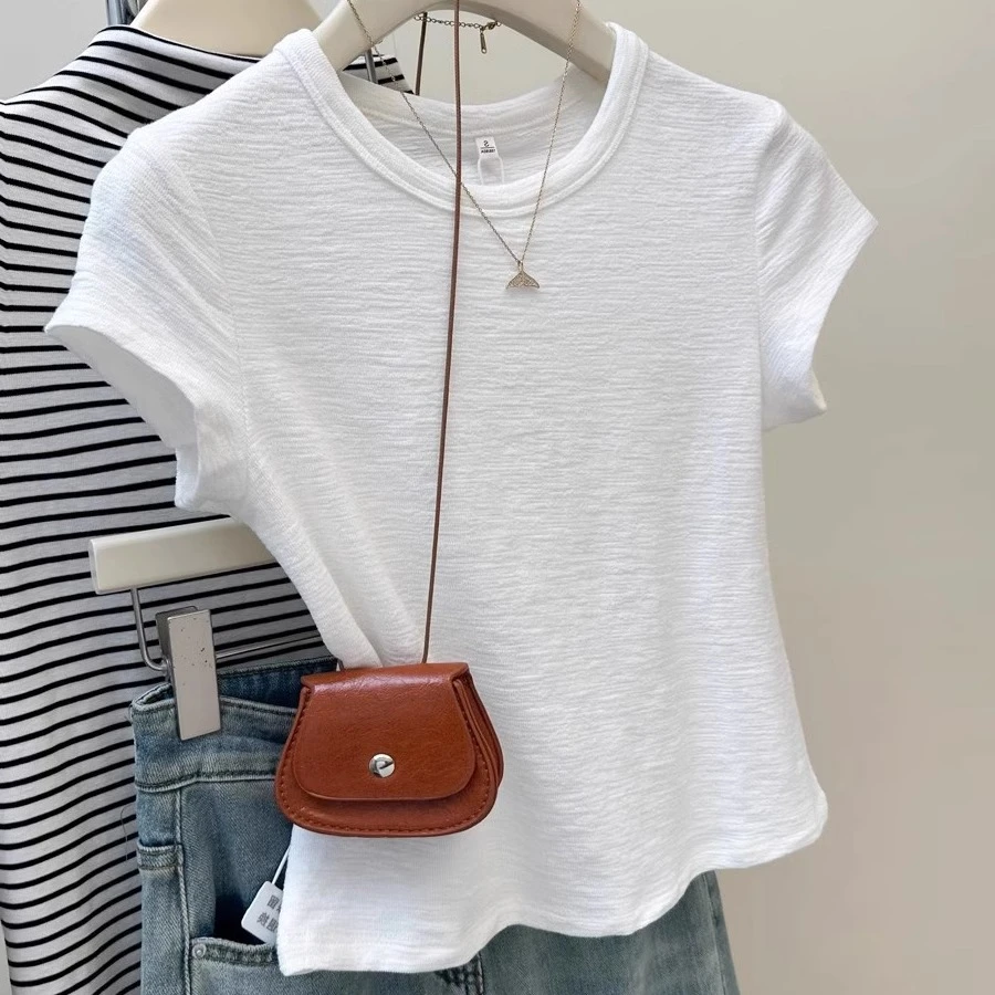 欧货肌理感正肩短袖女春夏季小个子韩版减龄打底上衣圆领短款T恤