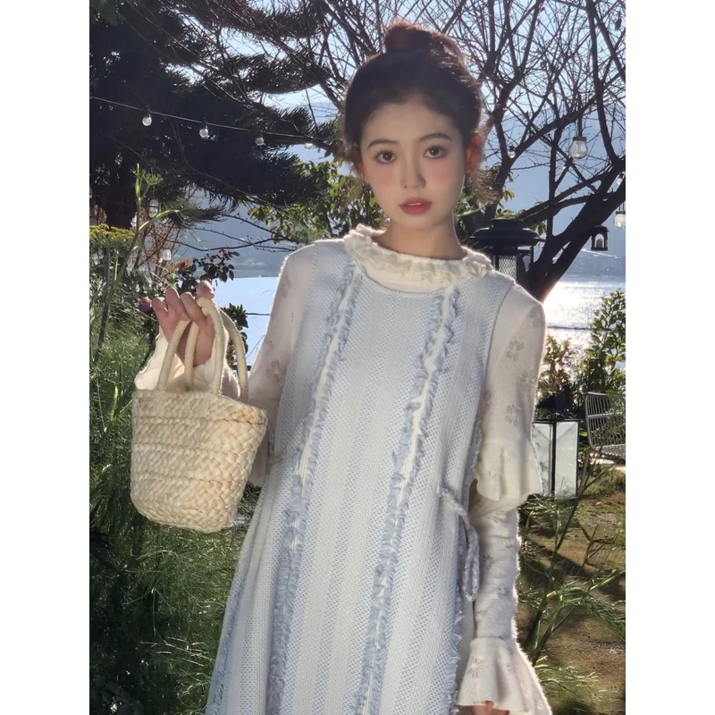 霍里德地图 春季圆领无袖中长款背心裙小香风宽松腰套头连衣裙子