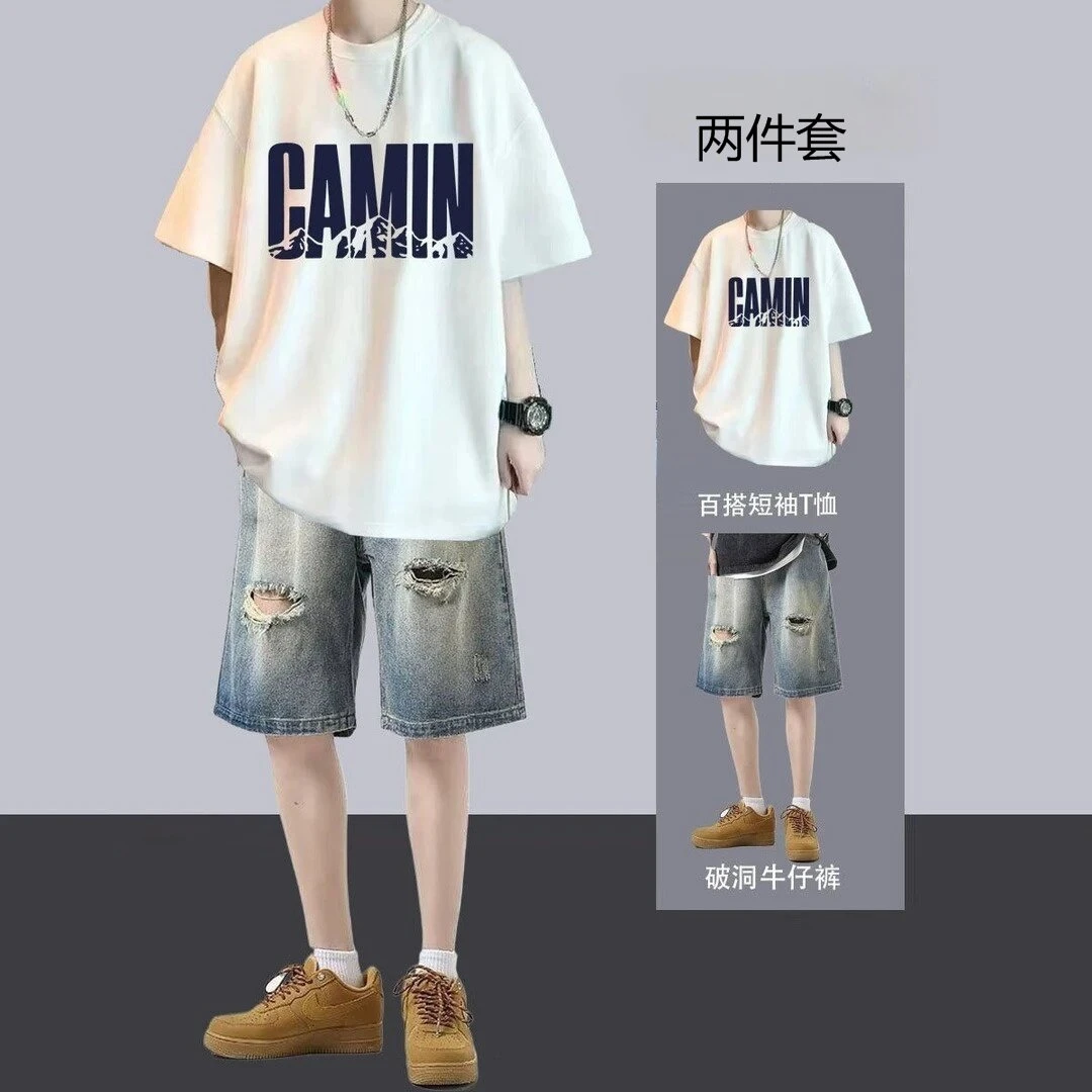 美式复古T恤男生夏季2025新款短袖短裤套装潮牌男装时尚一套搭配
