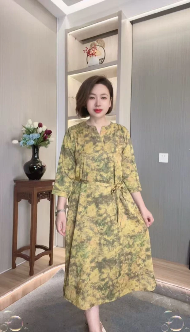 套头中长裙中袖法式油画印花连衣裙秋季印花时尚气质